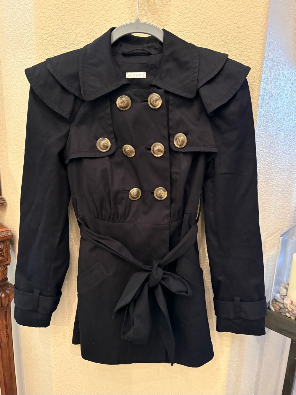 Leifsdottir Anthropologie Black Ruffled Belted Trench Coat Size Size 2